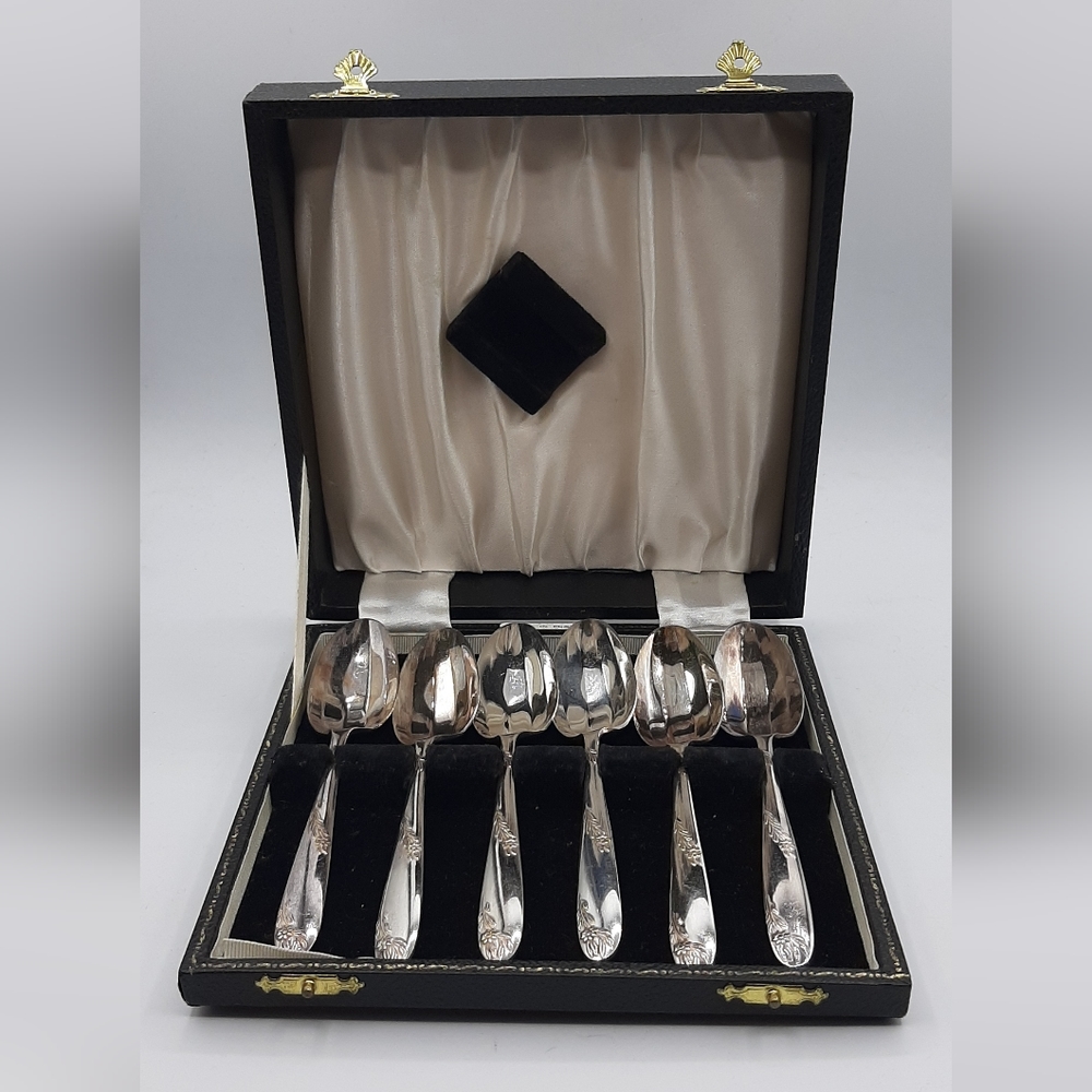 Vintage Angora Silverplate Co. 6 Ribbed Bowl Grapefruit Spoons In Original Box